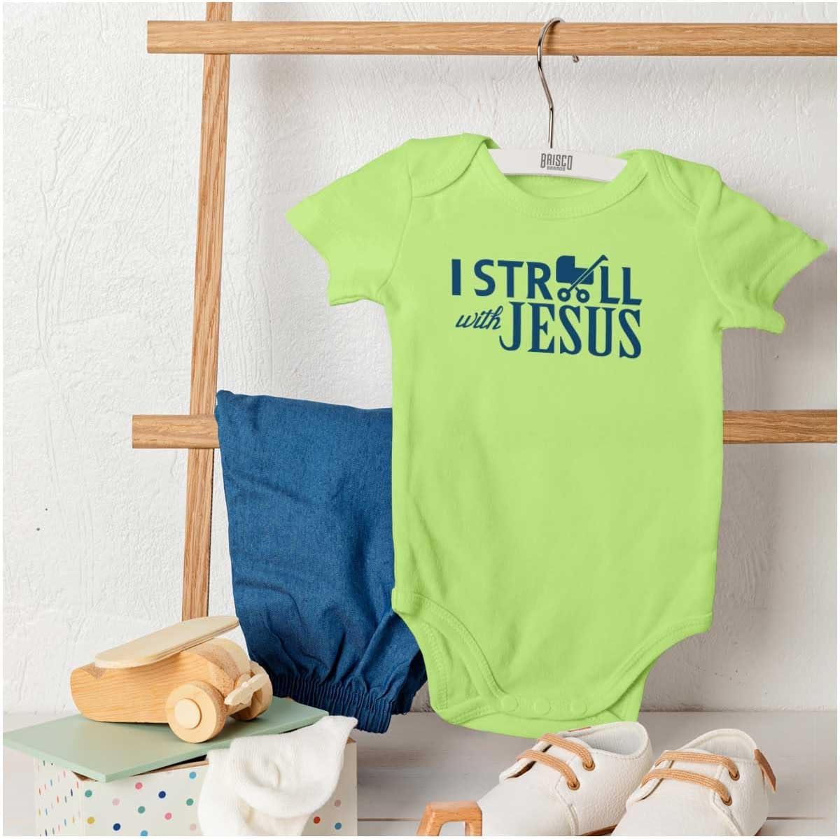 imageBrisco Brands I Stroll Jesus Christian Religious Baby Romper Boys or GirlsKey Lime