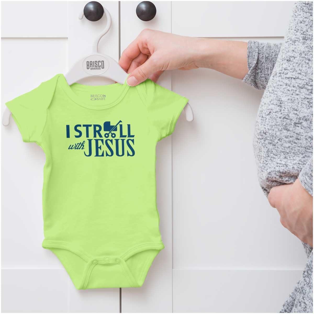 imageBrisco Brands I Stroll Jesus Christian Religious Baby Romper Boys or GirlsKey Lime