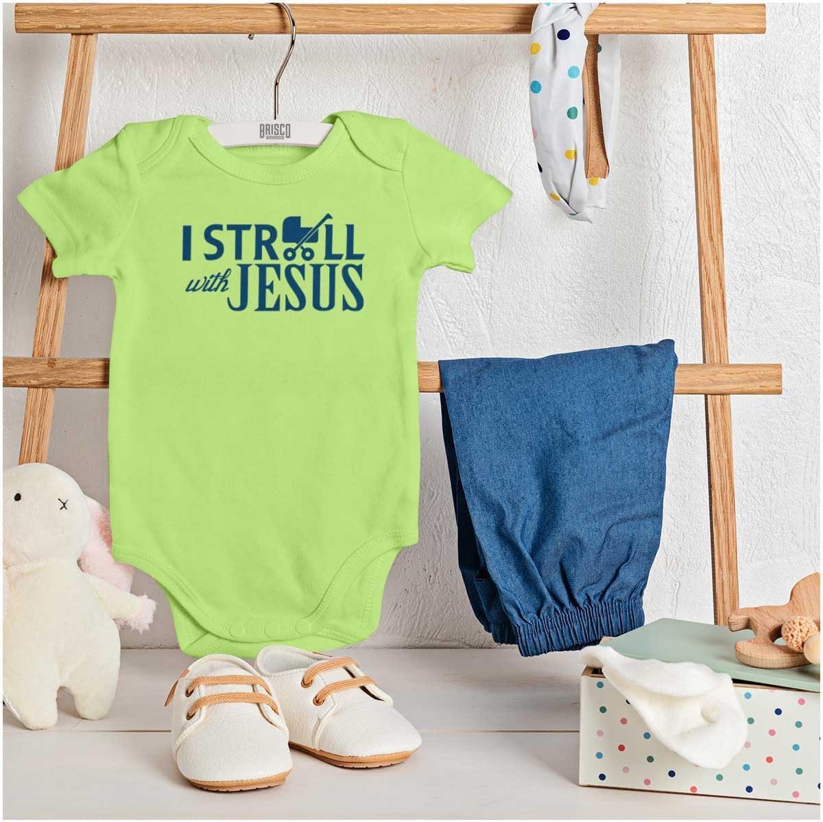 imageBrisco Brands I Stroll Jesus Christian Religious Baby Romper Boys or GirlsKey Lime