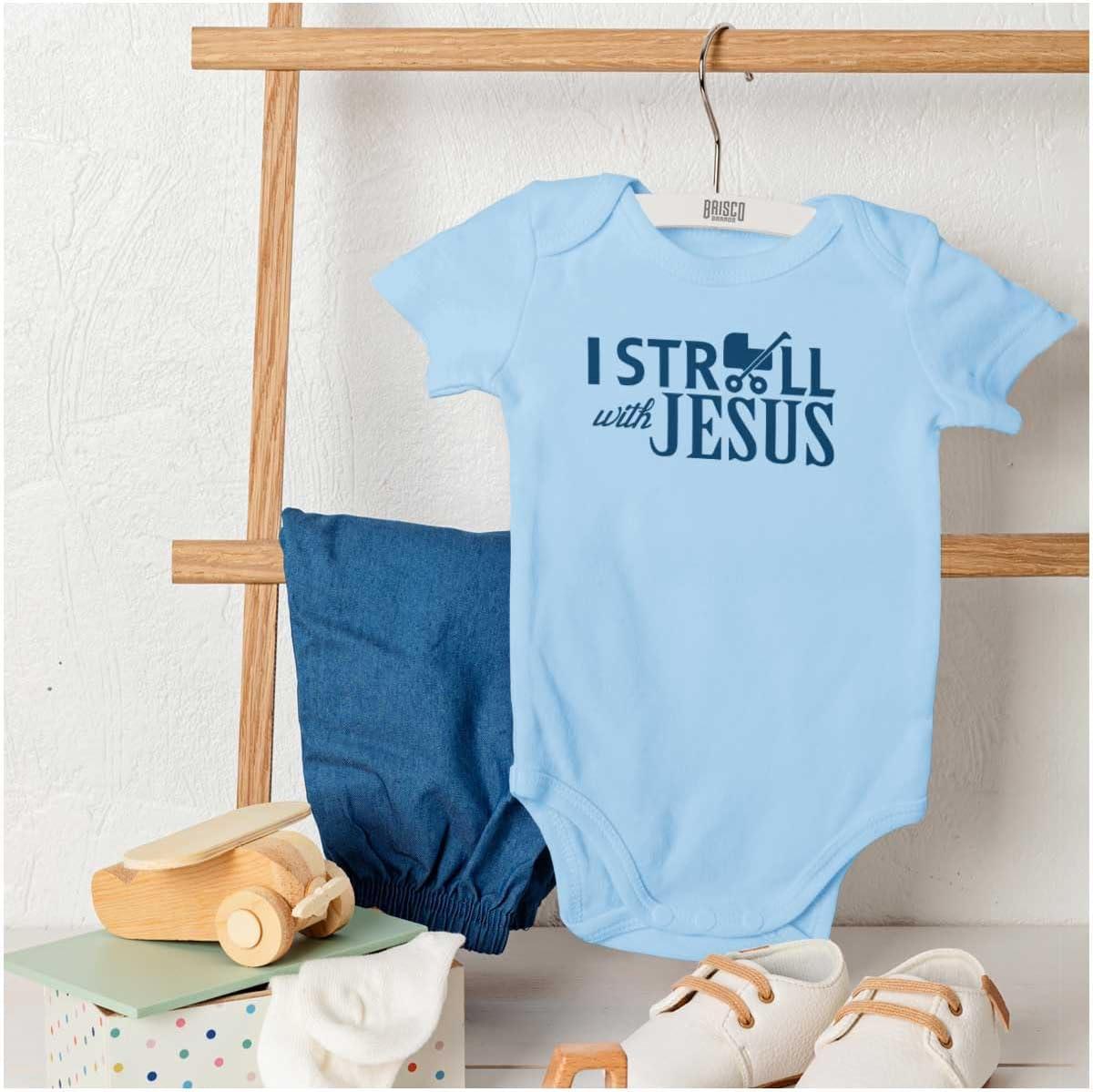 imageBrisco Brands I Stroll Jesus Christian Religious Baby Romper Boys or GirlsLight Blue
