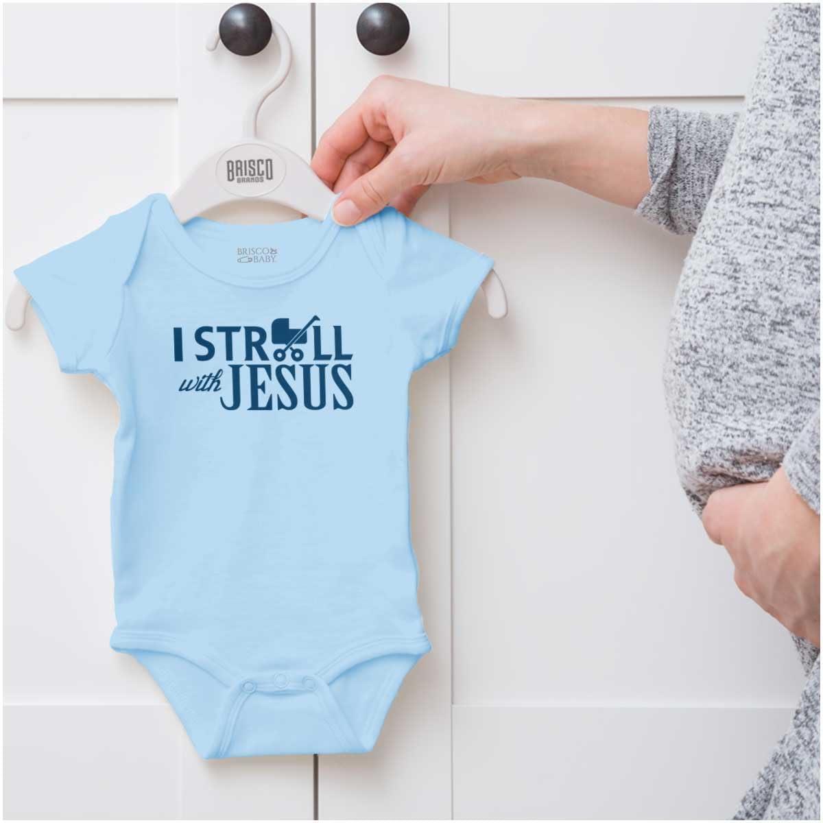 imageBrisco Brands I Stroll Jesus Christian Religious Baby Romper Boys or GirlsLight Blue