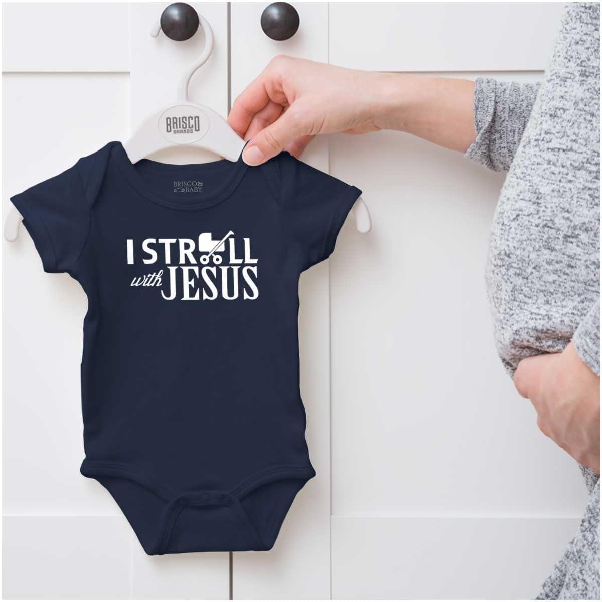 imageBrisco Brands I Stroll Jesus Christian Religious Baby Romper Boys or GirlsNavy