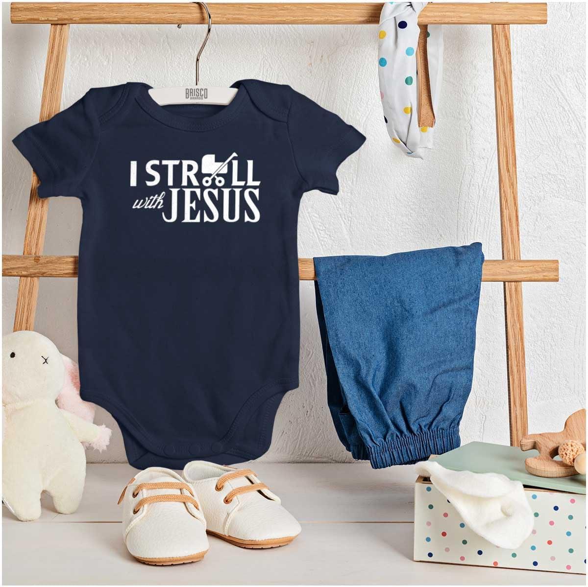 imageBrisco Brands I Stroll Jesus Christian Religious Baby Romper Boys or GirlsNavy