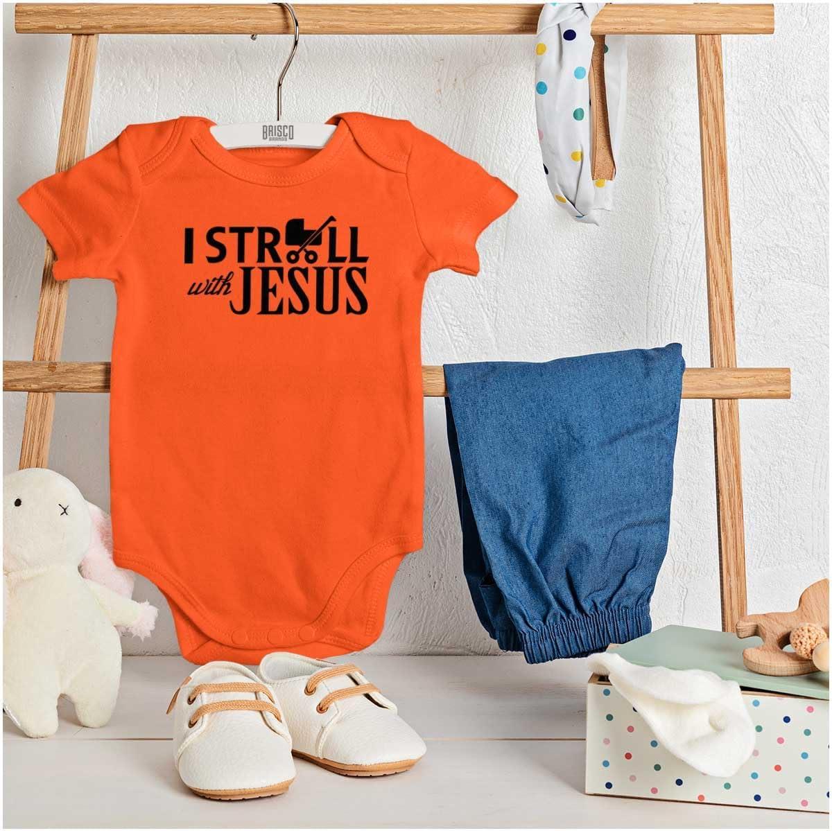 imageBrisco Brands I Stroll Jesus Christian Religious Baby Romper Boys or GirlsOrange