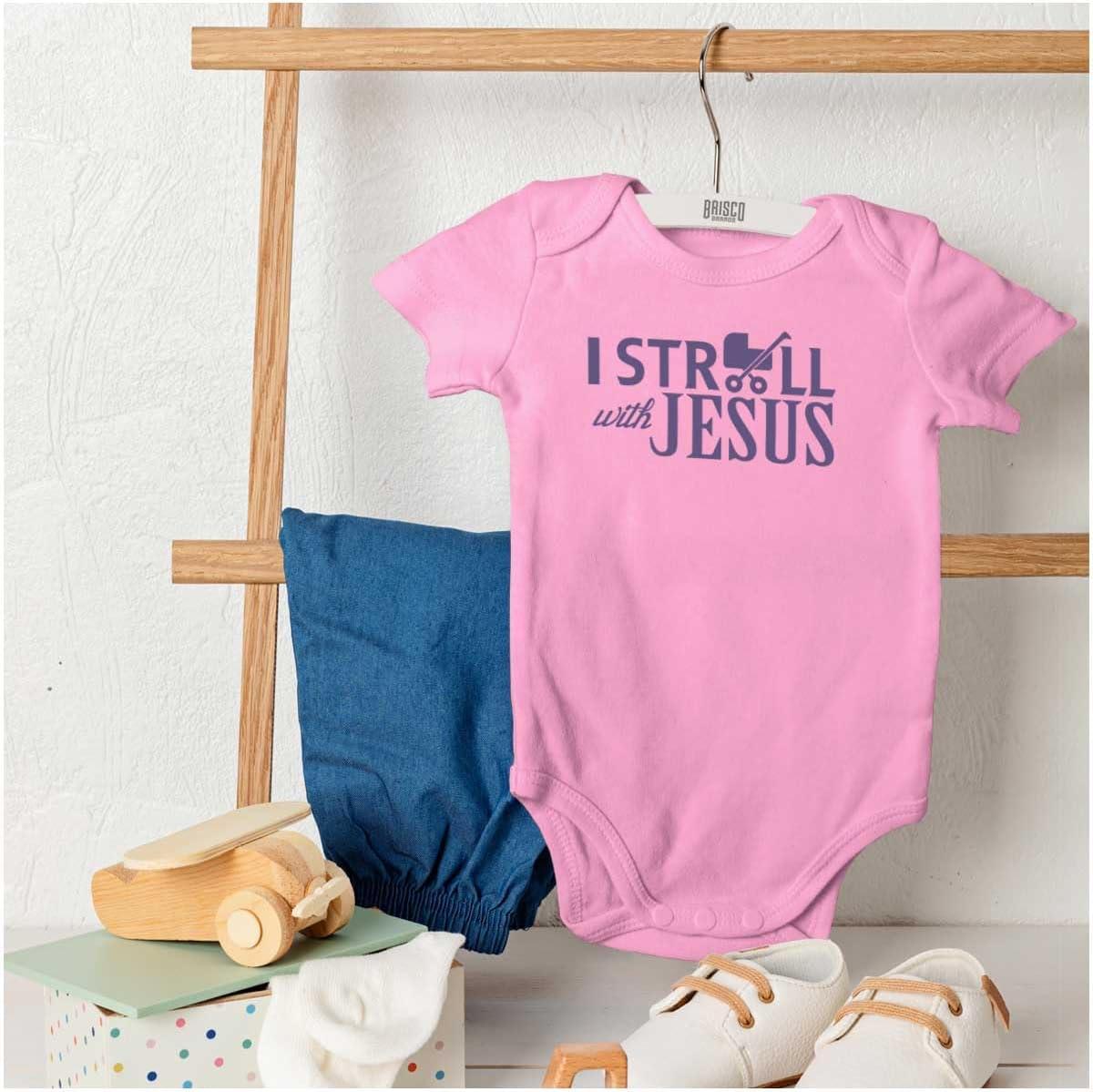 imageBrisco Brands I Stroll Jesus Christian Religious Baby Romper Boys or GirlsPink
