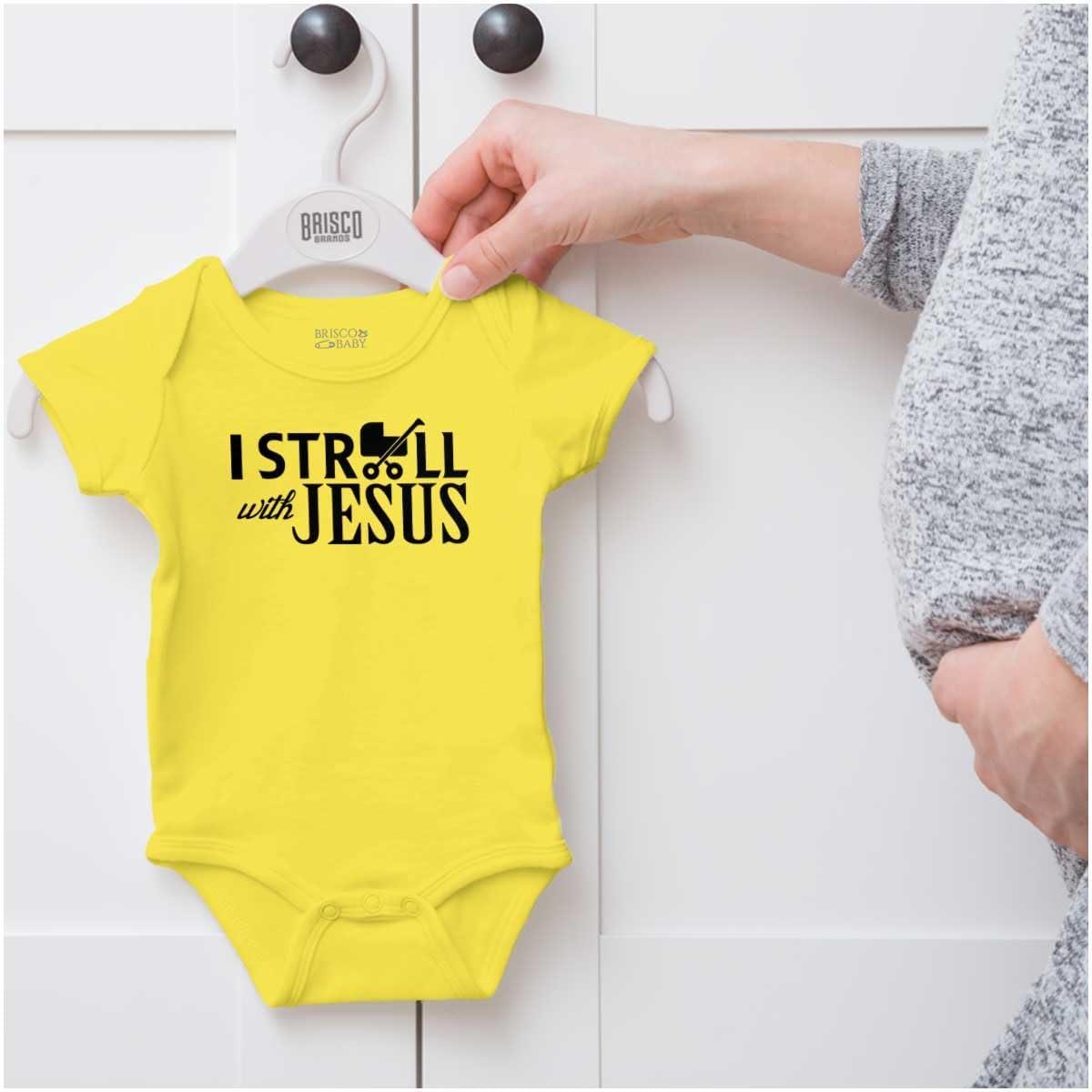 imageBrisco Brands I Stroll Jesus Christian Religious Baby Romper Boys or GirlsZest