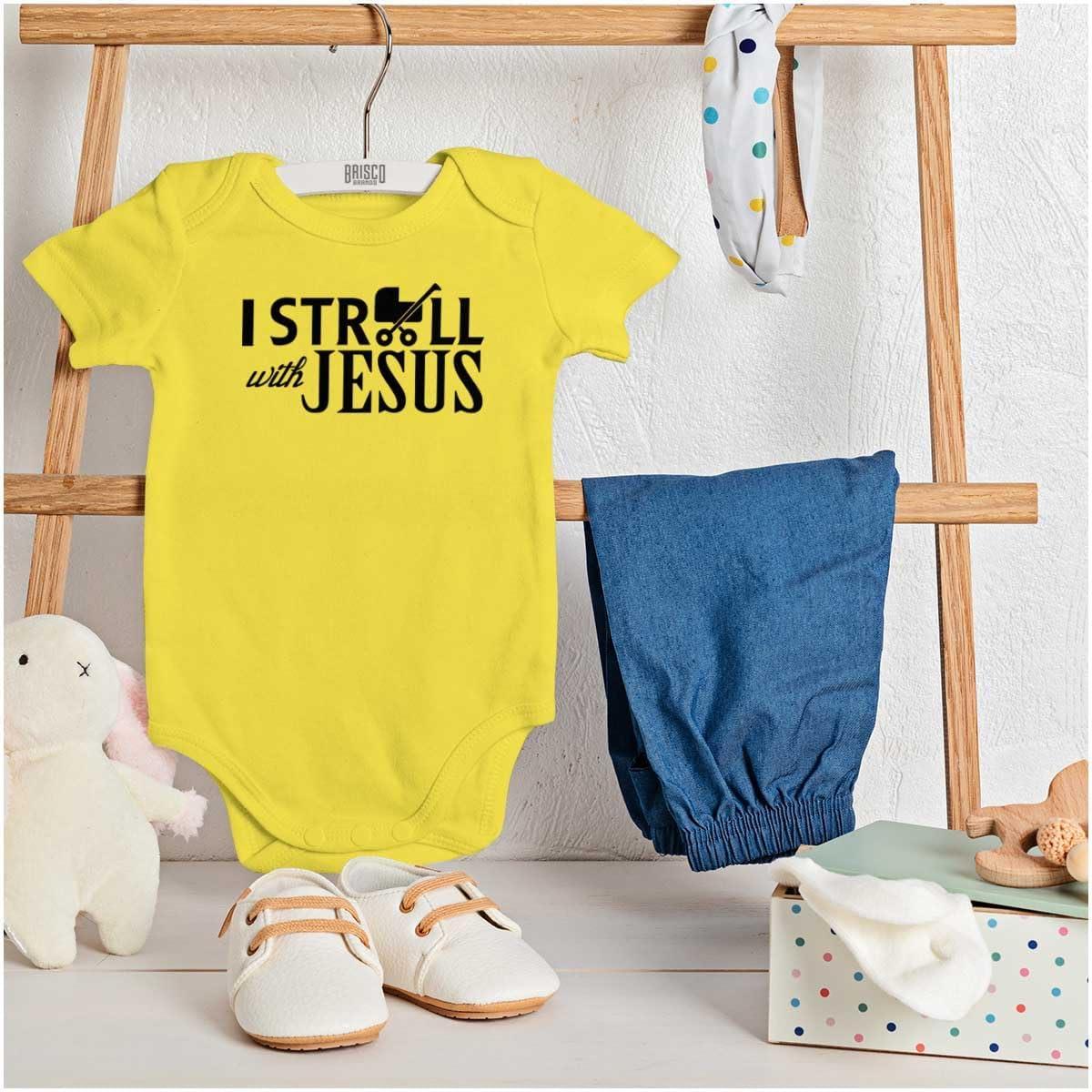 imageBrisco Brands I Stroll Jesus Christian Religious Baby Romper Boys or GirlsZest