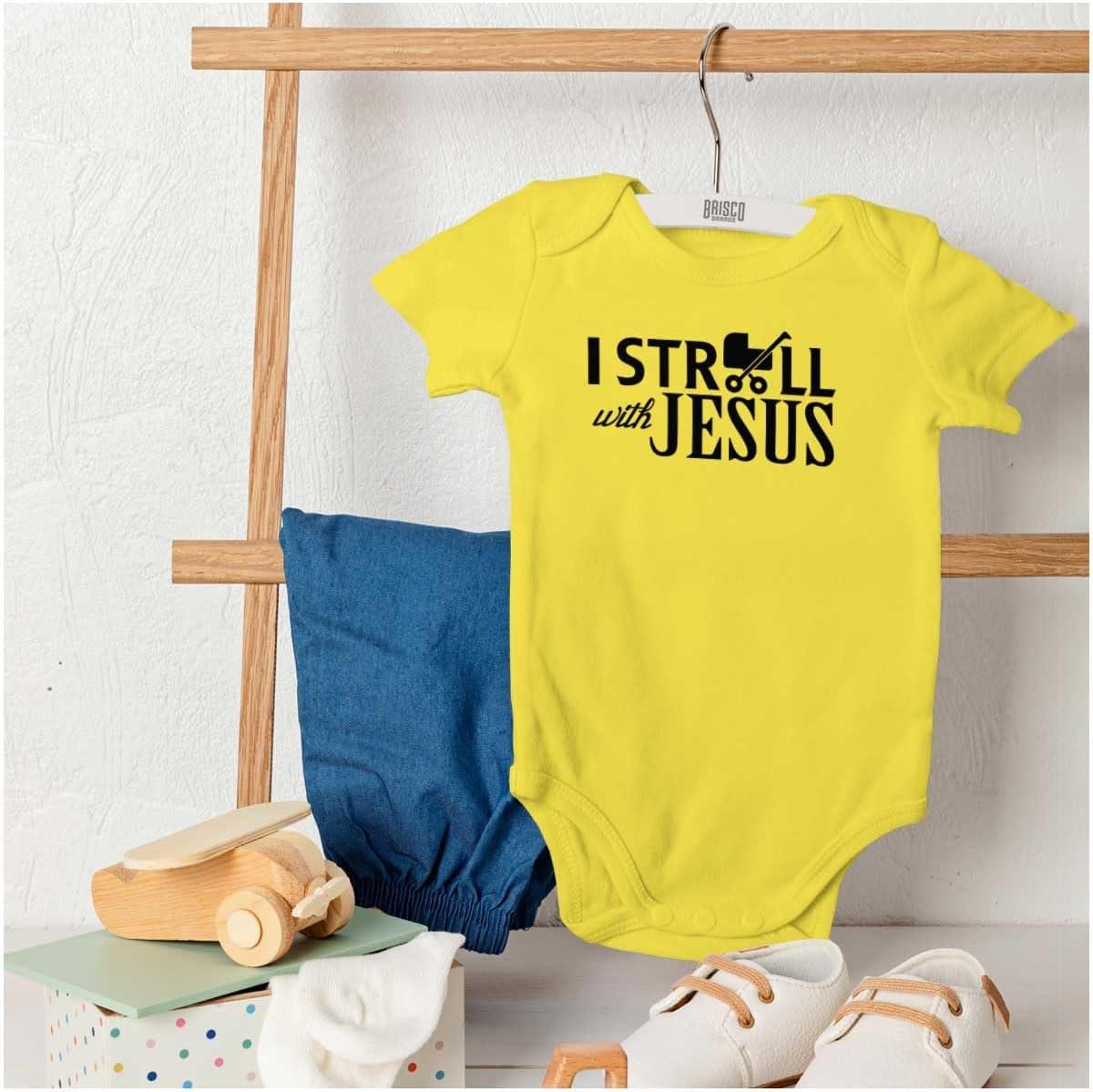 imageBrisco Brands I Stroll Jesus Christian Religious Baby Romper Boys or GirlsZest