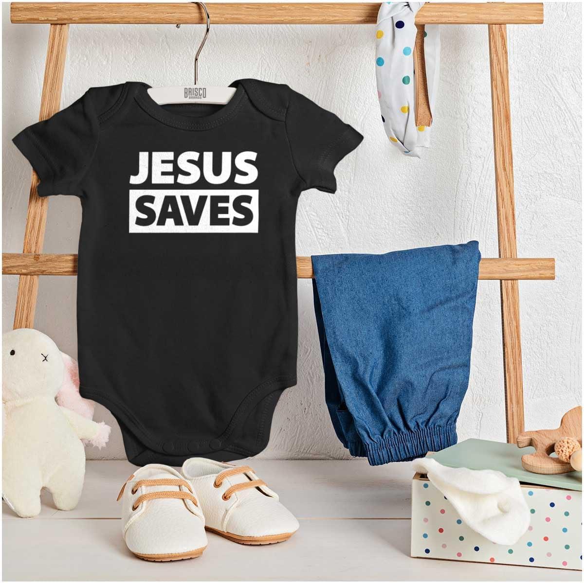 imageBrisco Brands Jesus Saves Christian Religious Baby Romper Boys or GirlsBlack