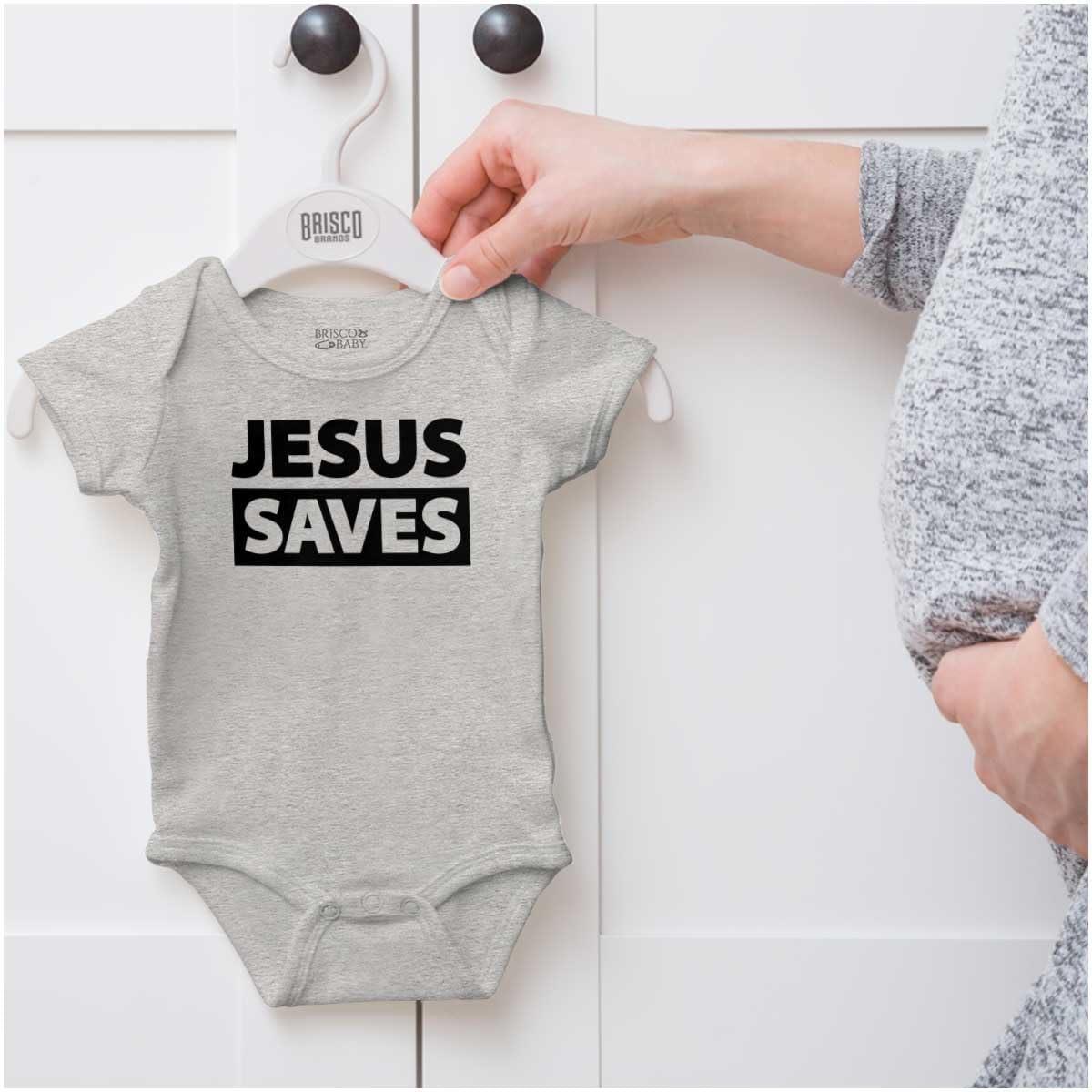 imageBrisco Brands Jesus Saves Christian Religious Baby Romper Boys or GirlsHeather
