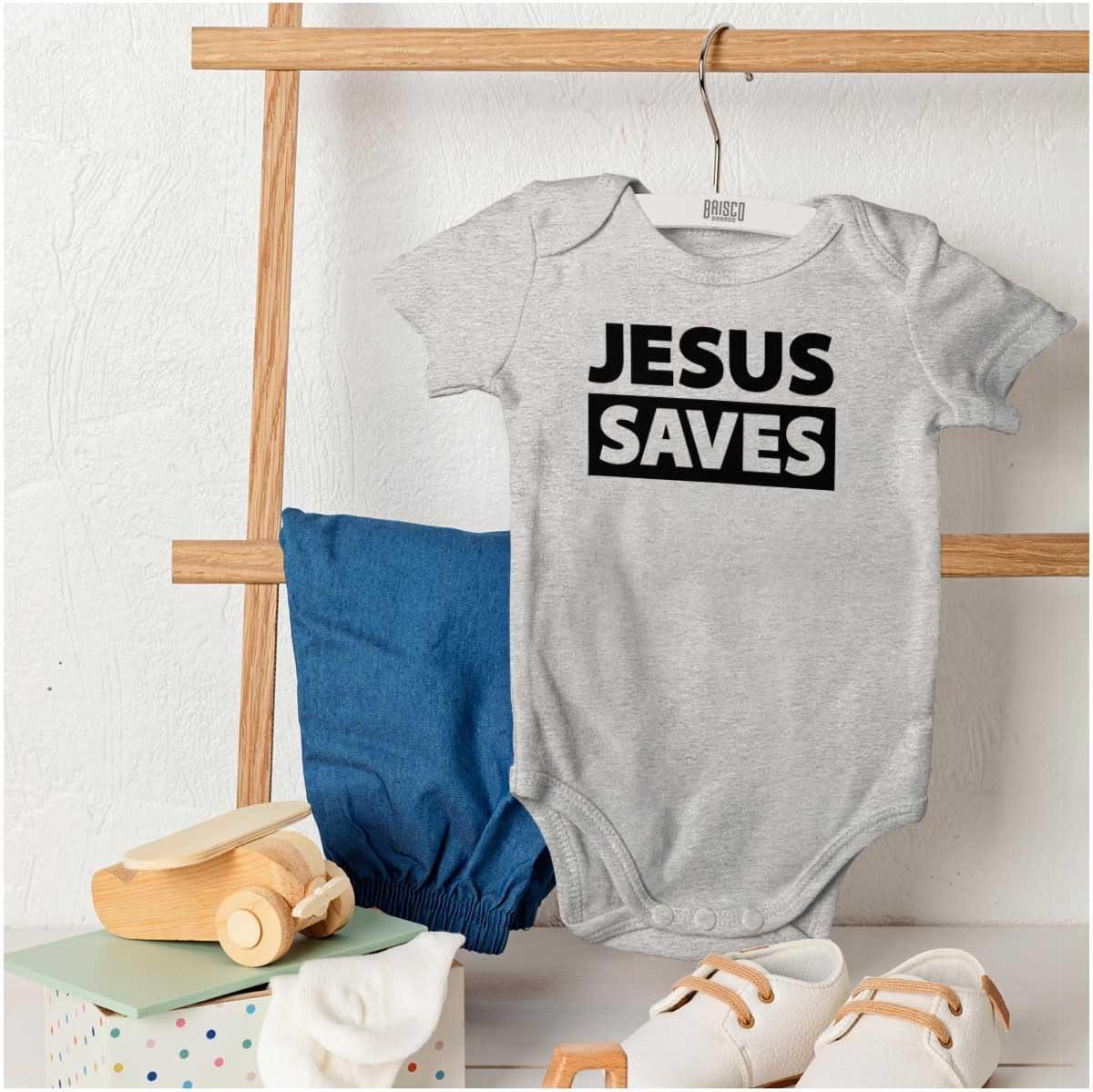 imageBrisco Brands Jesus Saves Christian Religious Baby Romper Boys or GirlsHeather