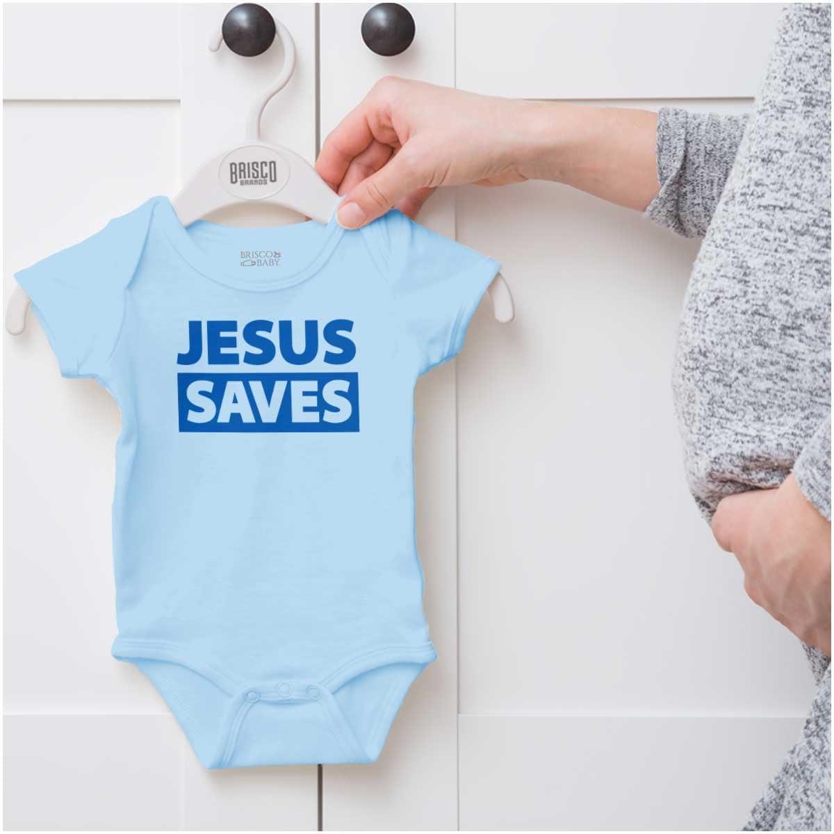 imageBrisco Brands Jesus Saves Christian Religious Baby Romper Boys or GirlsLight Blue