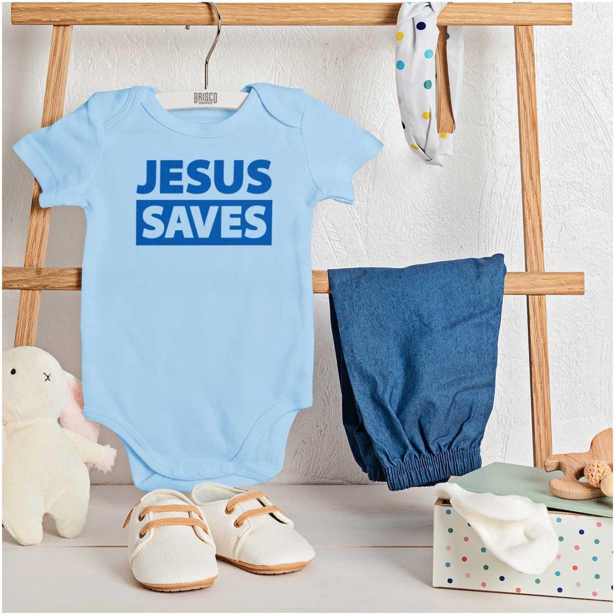 imageBrisco Brands Jesus Saves Christian Religious Baby Romper Boys or GirlsLight Blue