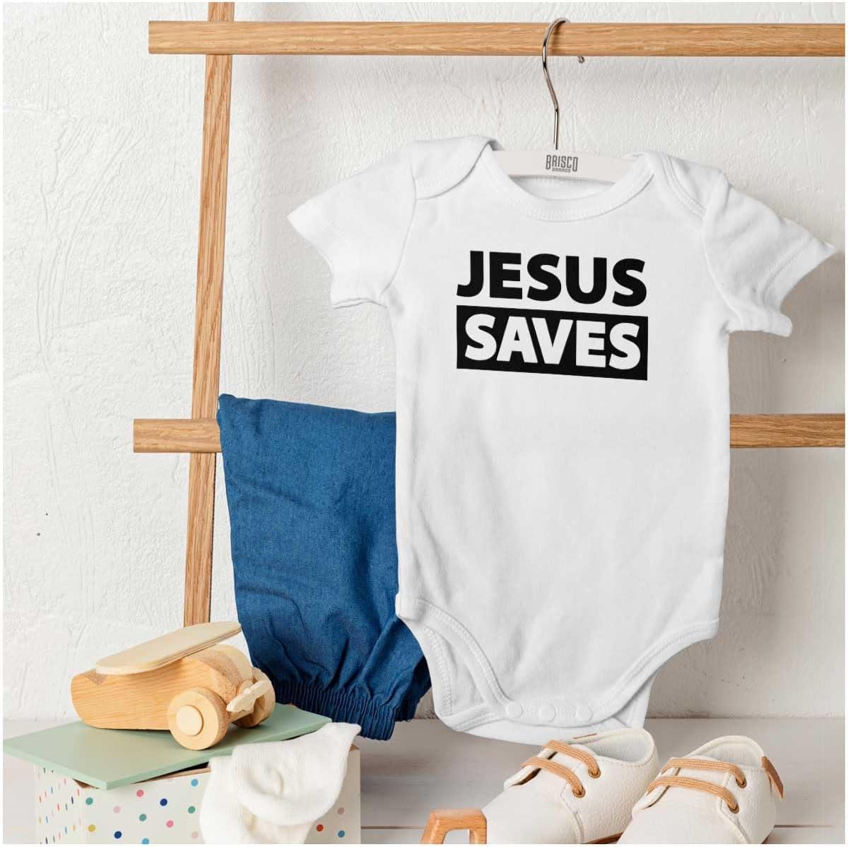 imageBrisco Brands Jesus Saves Christian Religious Baby Romper Boys or GirlsWhite