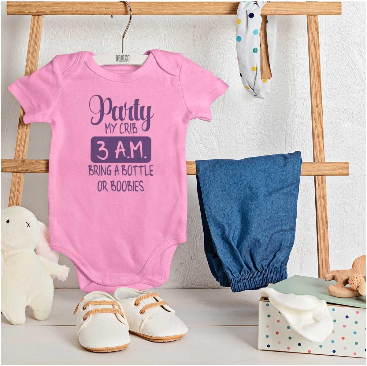 imageBrisco Brands Party at My Crib 3 AM Feeding Funny Baby Romper Boys or GirlsPink