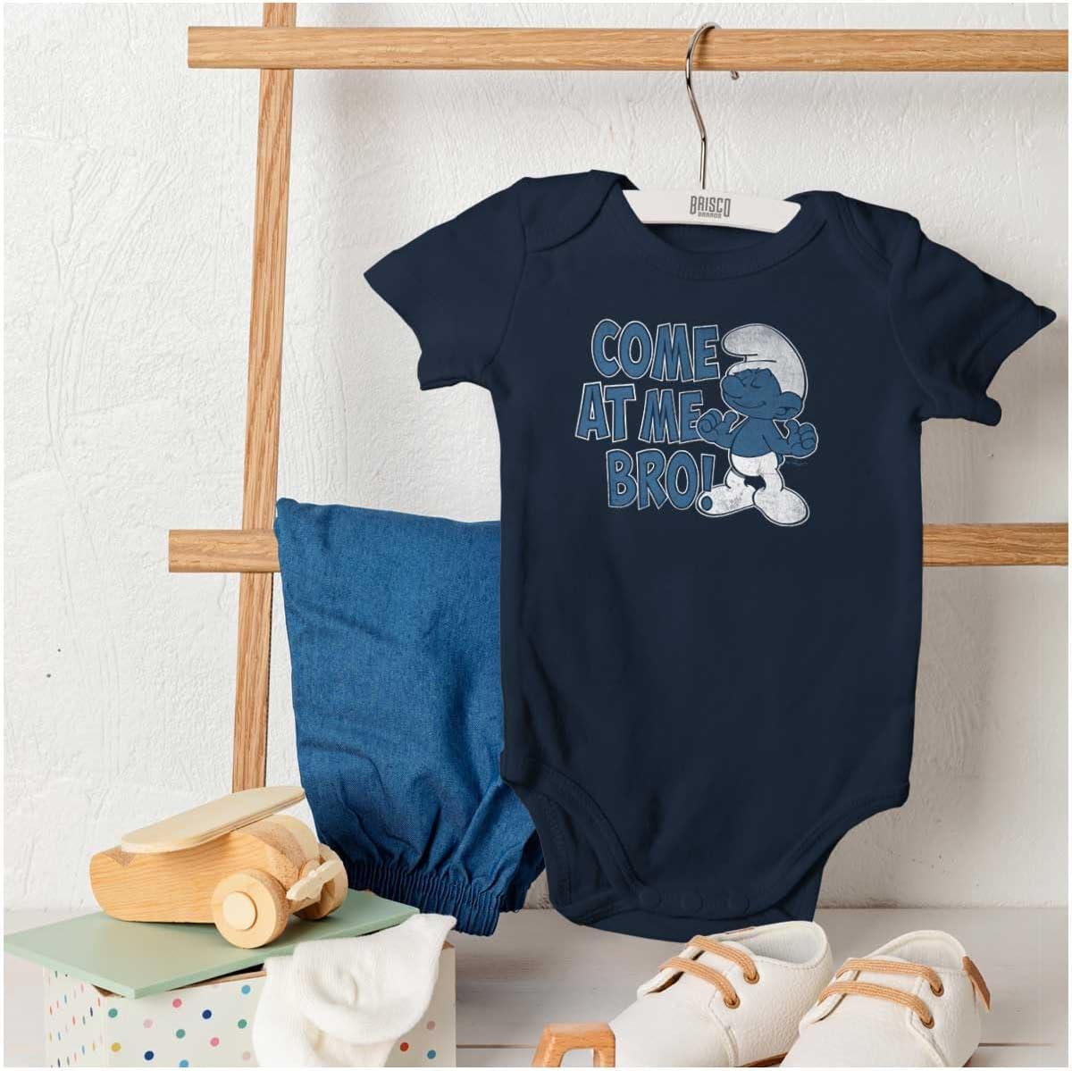 imageBrisco Brands Smurfs Cartoon Come At Me Bro Funny Baby Romper Boys or GirlsNavy