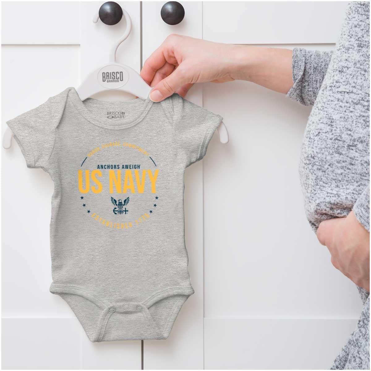 imageBrisco Brands US Navy Logo Anchors Aweigh Est 1775 Baby Romper Boys or GirlsHeather