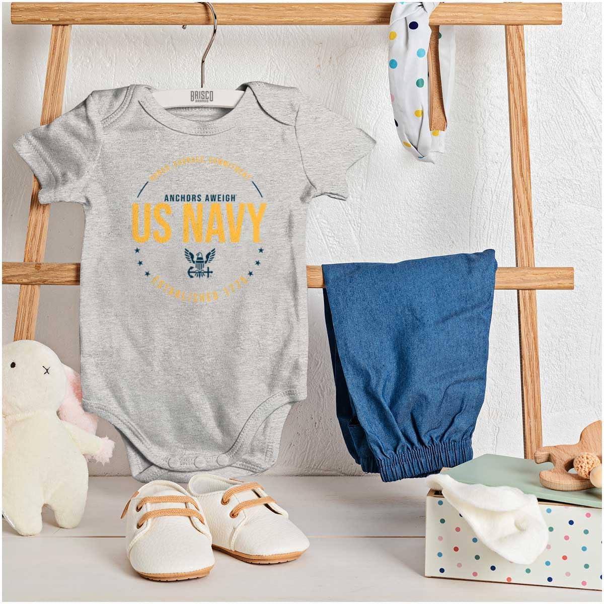 imageBrisco Brands US Navy Logo Anchors Aweigh Est 1775 Baby Romper Boys or GirlsHeather