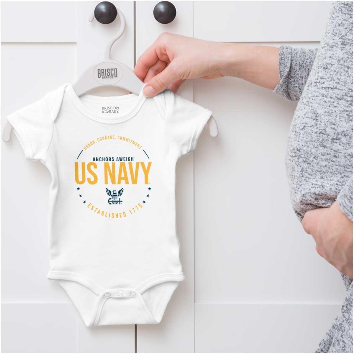 imageBrisco Brands US Navy Logo Anchors Aweigh Est 1775 Baby Romper Boys or GirlsWhite