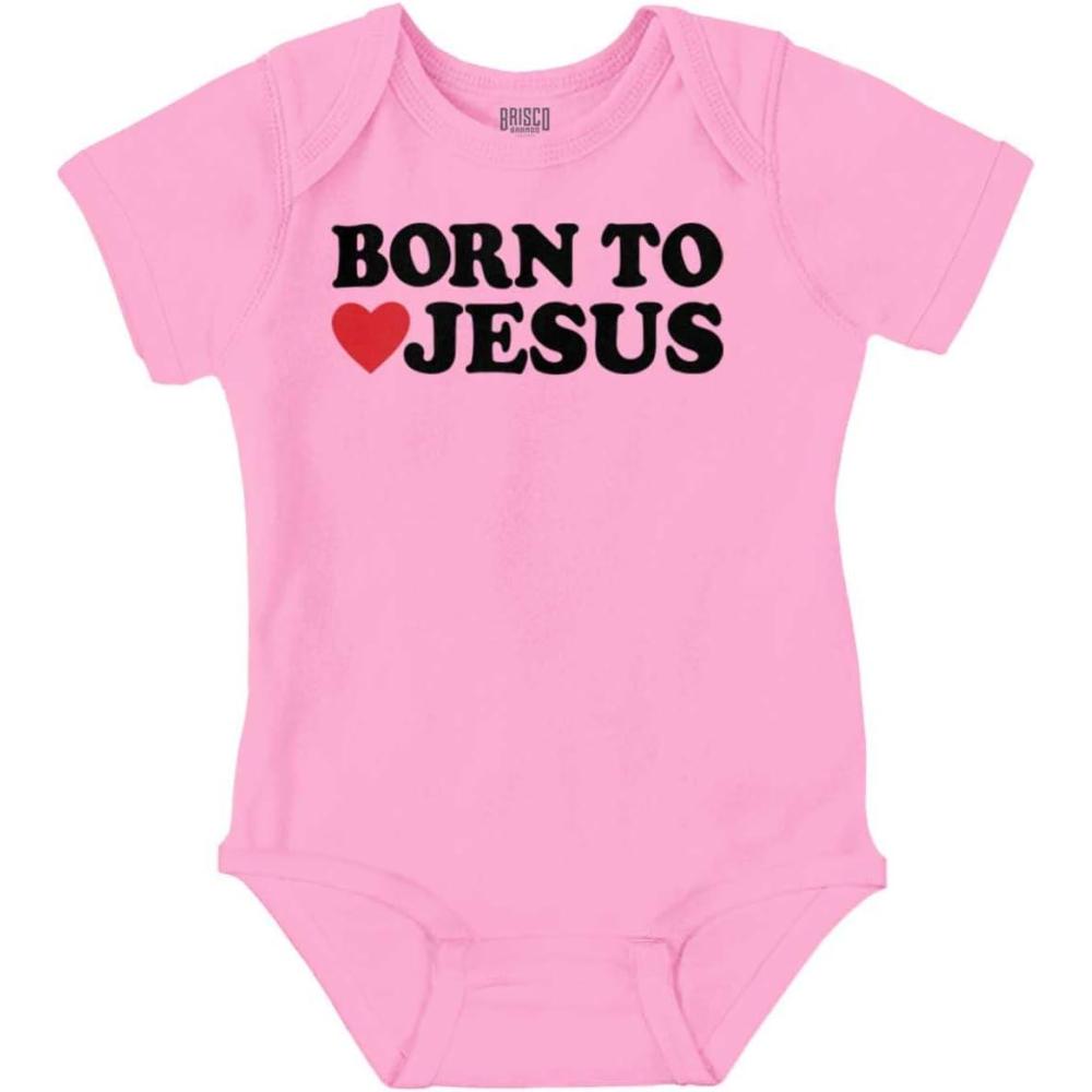 imageBrisco Brands Born to Love Jesus Christ Religious Baby Romper Boys or GirlsPink