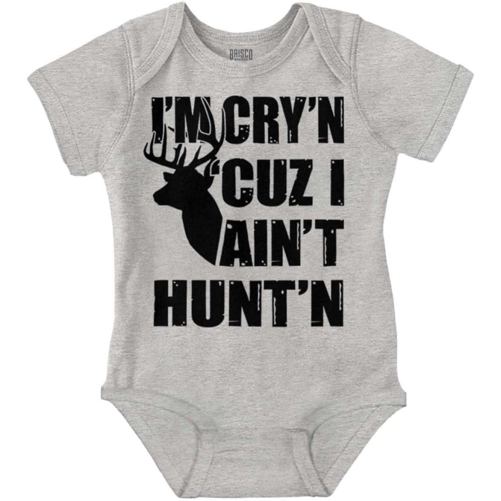 imageBrisco Brands Crying Because Not Hunting Hunter Baby Romper Boys or GirlsHeather