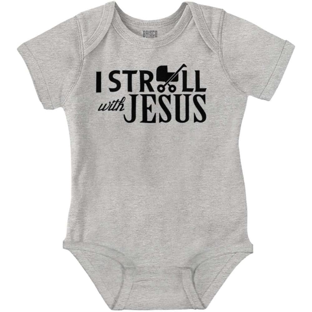 imageBrisco Brands I Stroll Jesus Christian Religious Baby Romper Boys or GirlsHeather