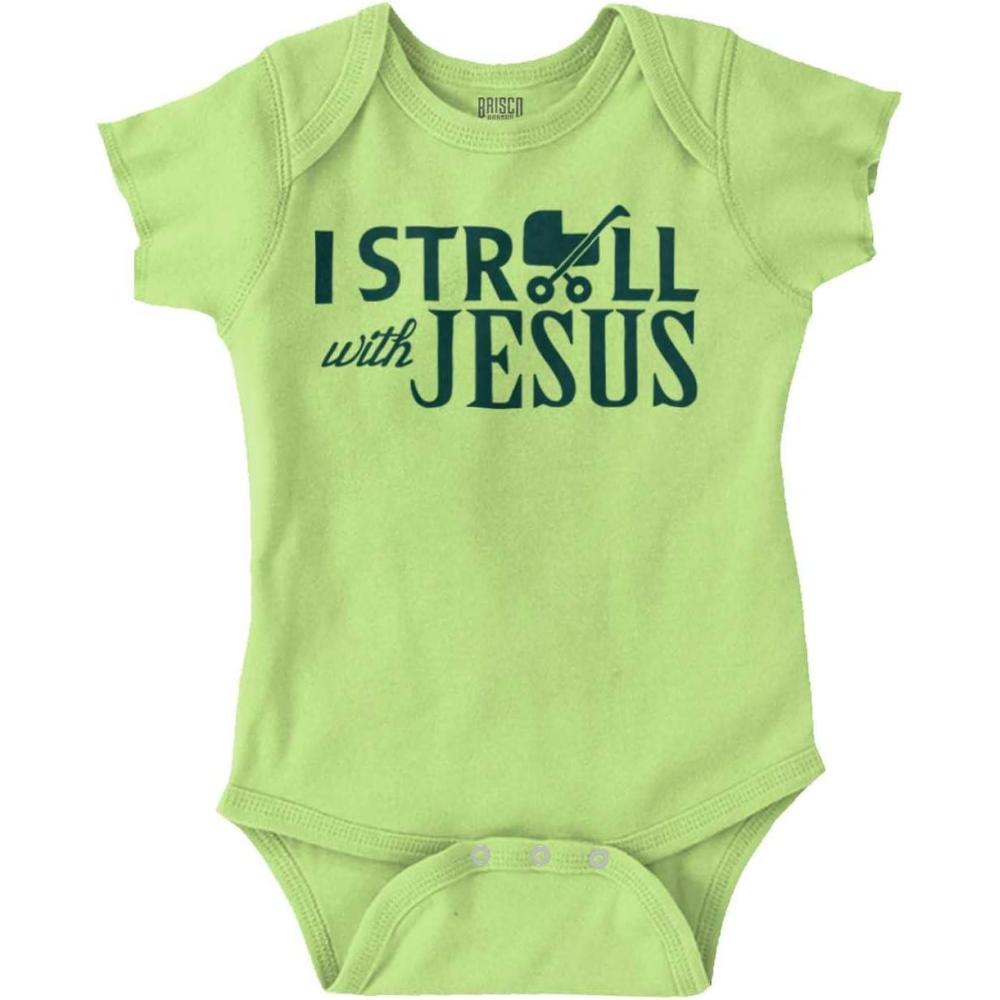 imageBrisco Brands I Stroll Jesus Christian Religious Baby Romper Boys or GirlsKey Lime