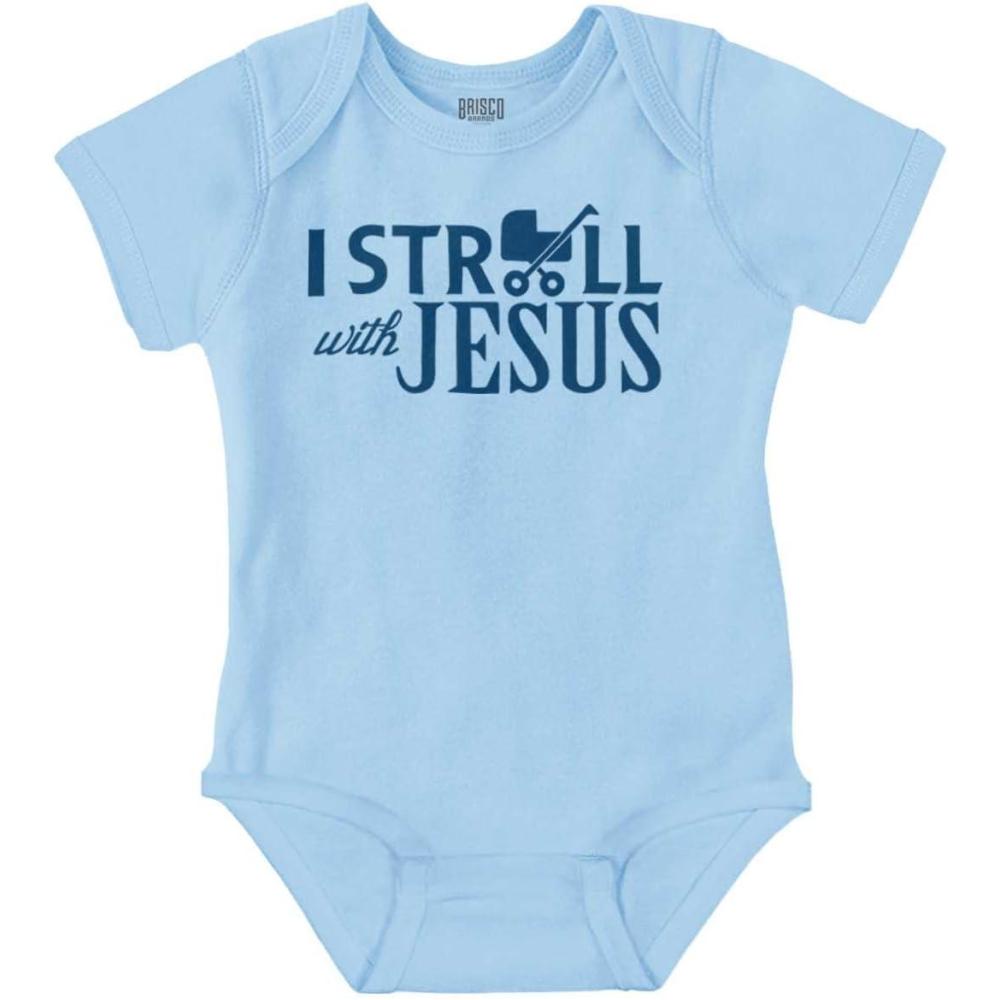 imageBrisco Brands I Stroll Jesus Christian Religious Baby Romper Boys or GirlsLight Blue
