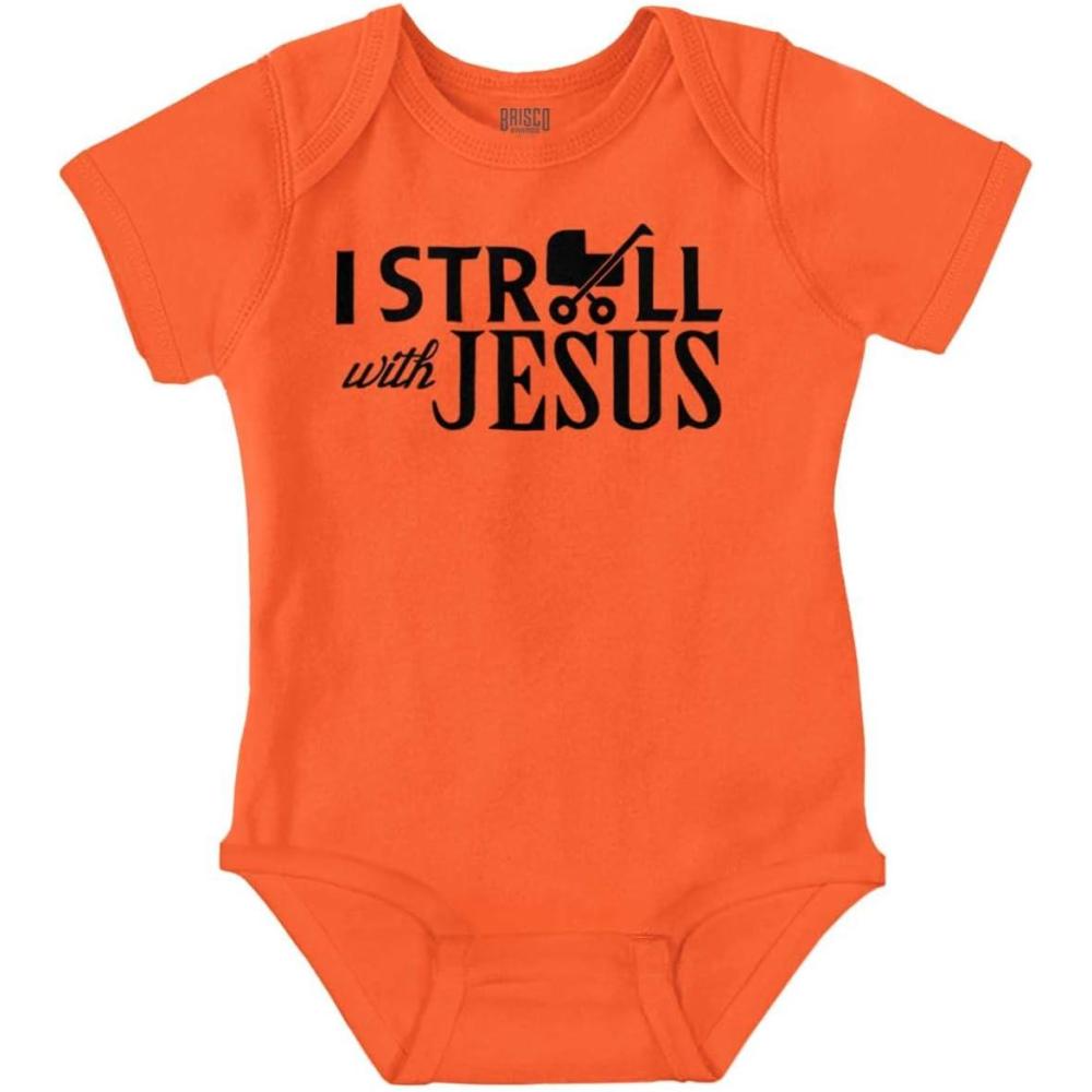 imageBrisco Brands I Stroll Jesus Christian Religious Baby Romper Boys or GirlsOrange