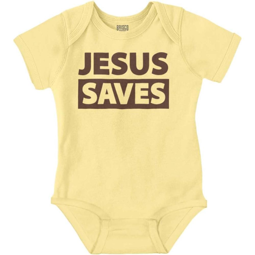 imageBrisco Brands Jesus Saves Christian Religious Baby Romper Boys or GirlsBanana