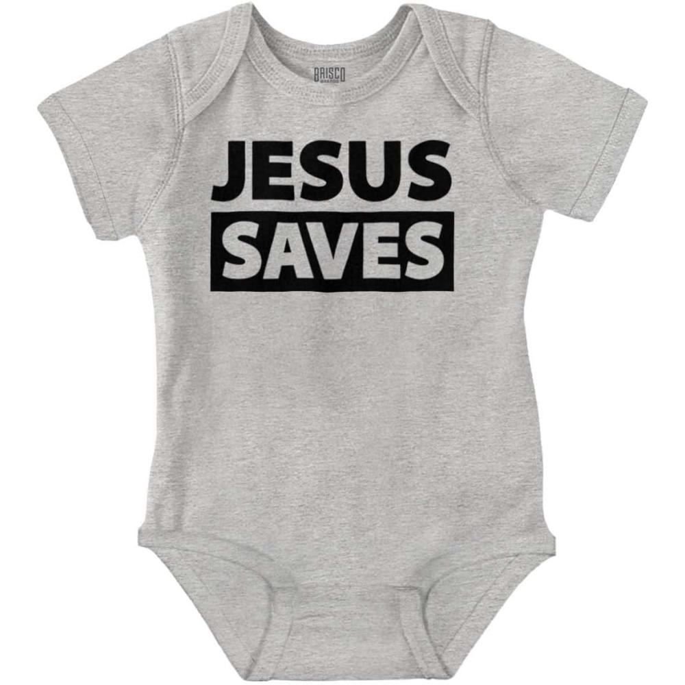 imageBrisco Brands Jesus Saves Christian Religious Baby Romper Boys or GirlsHeather