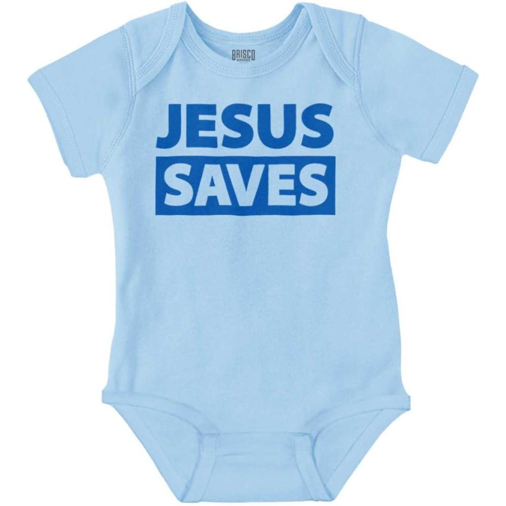 imageBrisco Brands Jesus Saves Christian Religious Baby Romper Boys or GirlsLight Blue