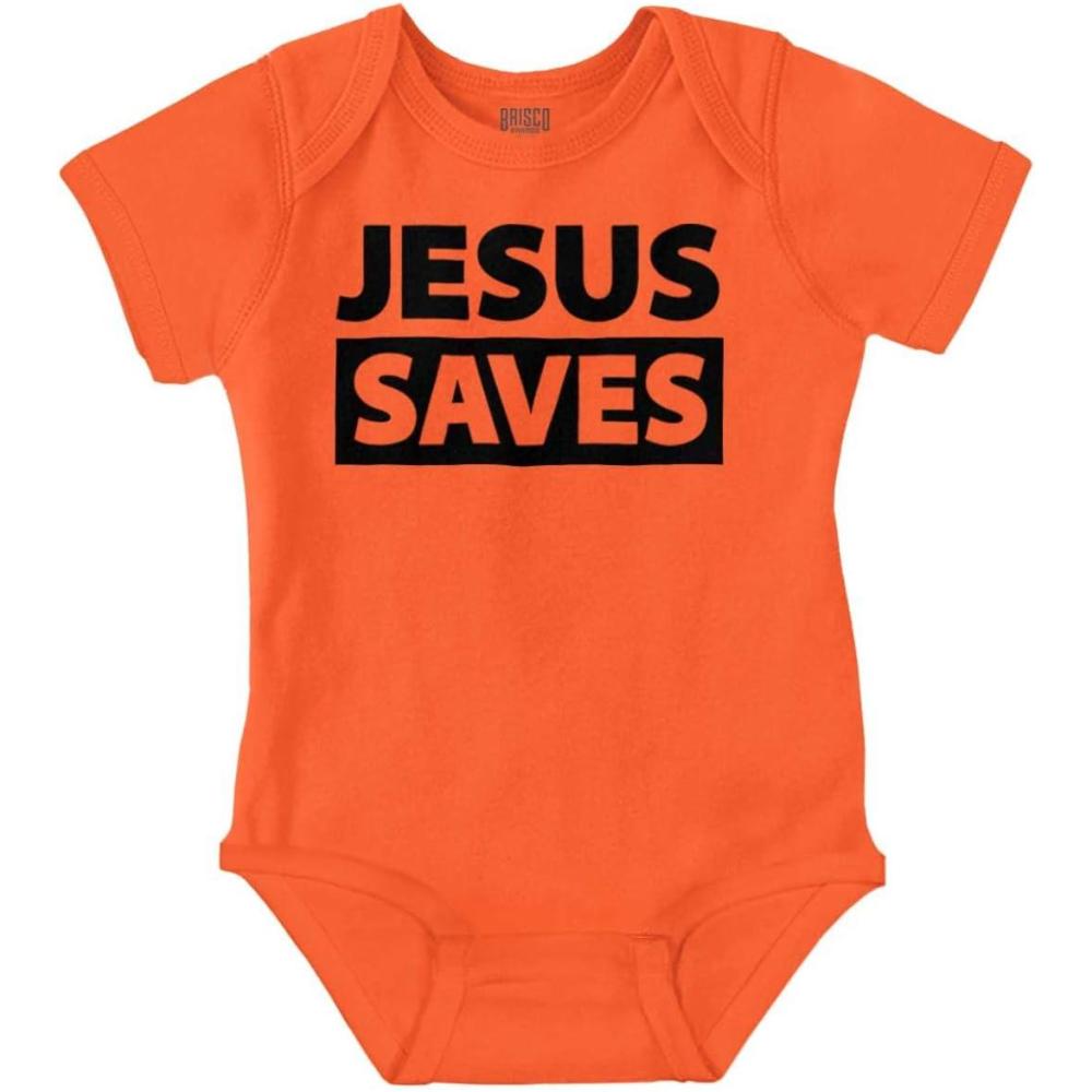 imageBrisco Brands Jesus Saves Christian Religious Baby Romper Boys or GirlsOrange