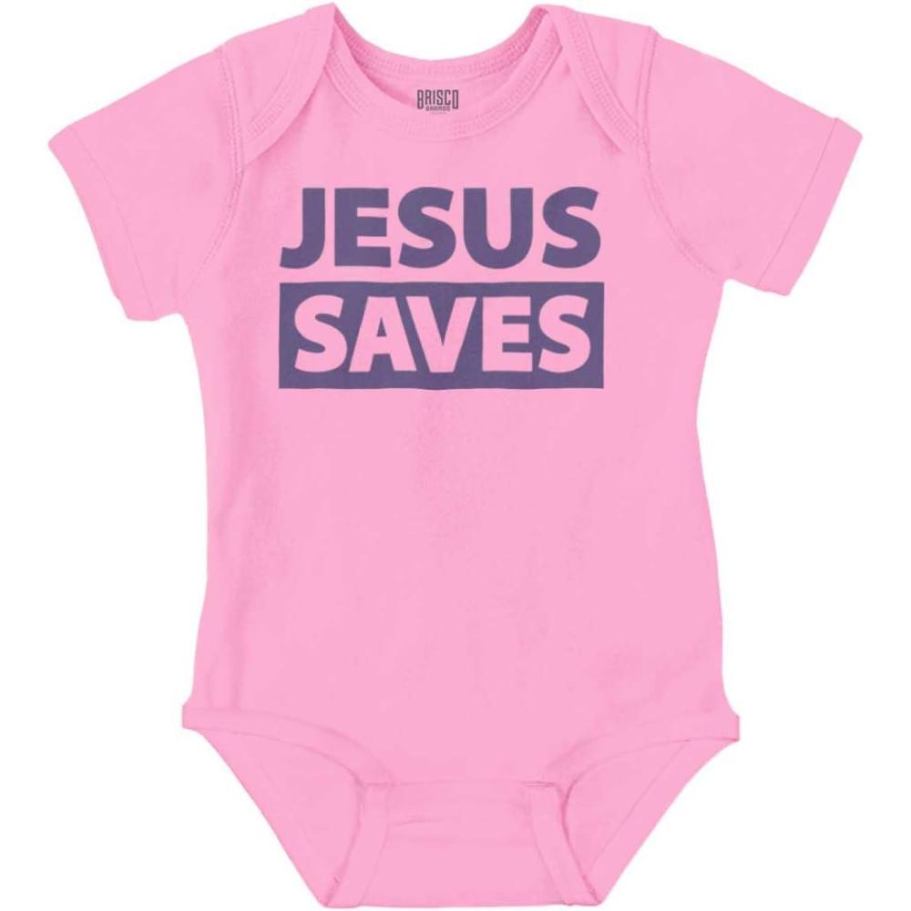 imageBrisco Brands Jesus Saves Christian Religious Baby Romper Boys or GirlsPink