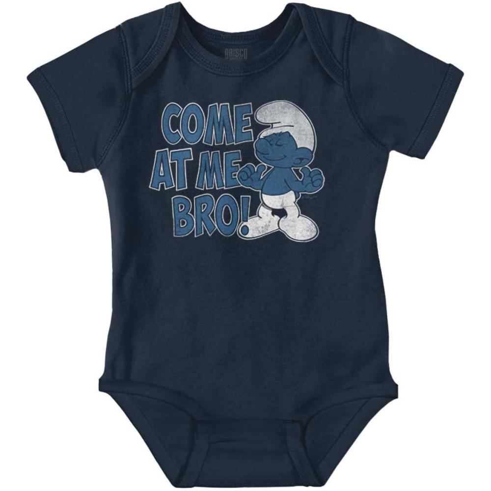 imageBrisco Brands Smurfs Cartoon Come At Me Bro Funny Baby Romper Boys or GirlsNavy