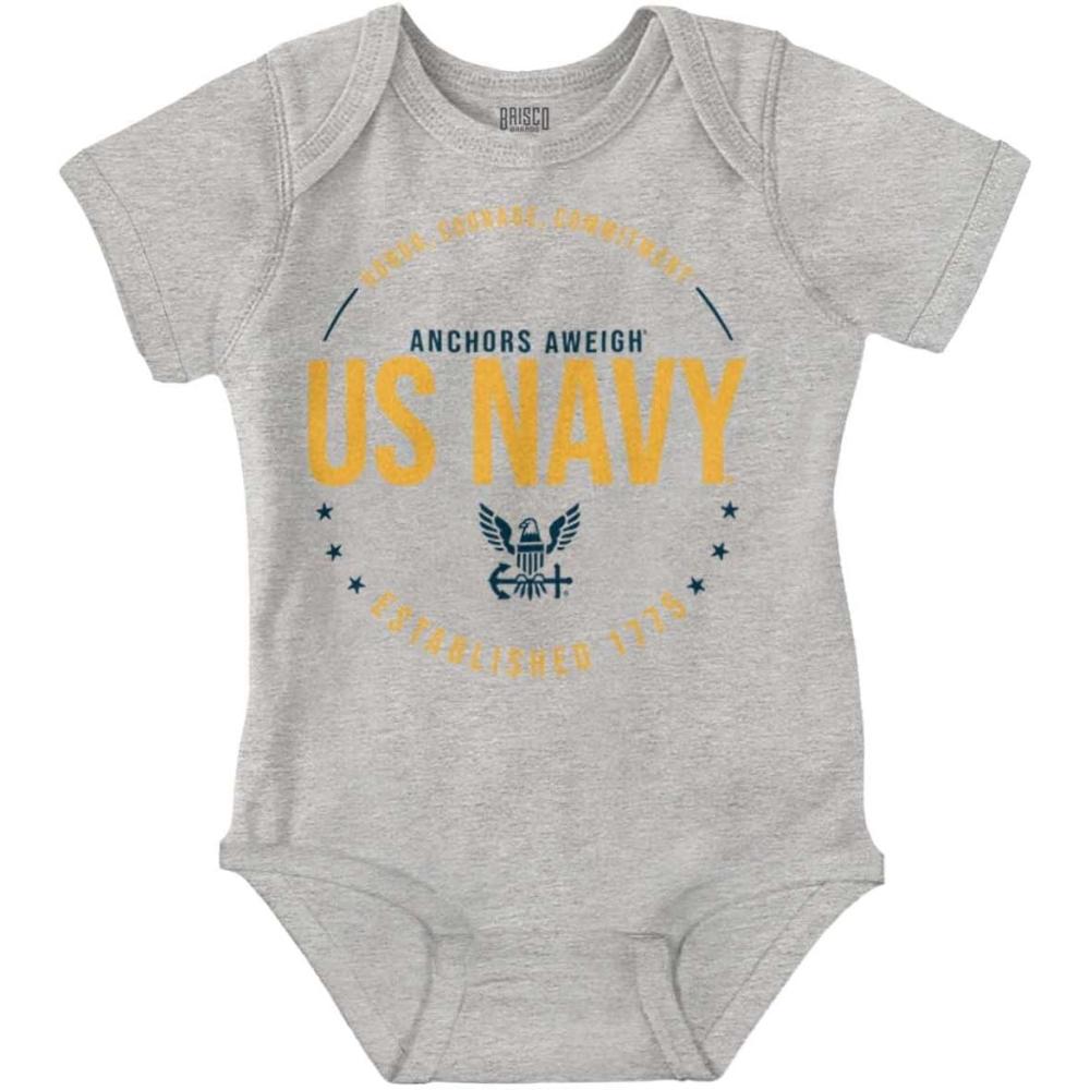 imageBrisco Brands US Navy Logo Anchors Aweigh Est 1775 Baby Romper Boys or GirlsHeather