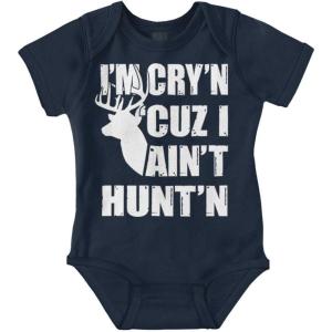 Brisco Brands Crying Because Not Hunting Hunter Baby Romper Boys or Girls(Navy)