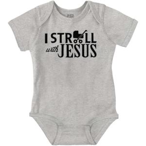 Brisco Brands I Stroll Jesus Christian Religious Baby Romper Boys or Girls(Heather)