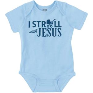 Brisco Brands I Stroll Jesus Christian Religious Baby Romper Boys or Girls(Light Blue)