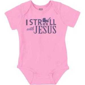Brisco Brands I Stroll Jesus Christian Religious Baby Romper Boys or Girls(Pink)