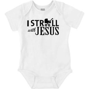 Brisco Brands I Stroll Jesus Christian Religious Baby Romper Boys or Girls(White)