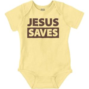Brisco Brands Jesus Saves Christian Religious Baby Romper Boys or Girls(Banana)