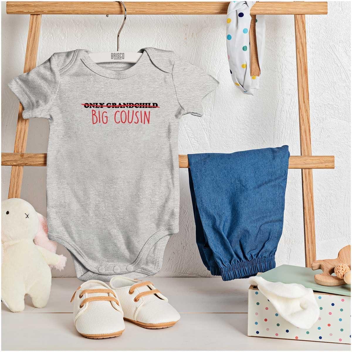 imageBrisco Brands Big Cousin Funny Baby Announcement Baby Romper Boys or GirlsHeather