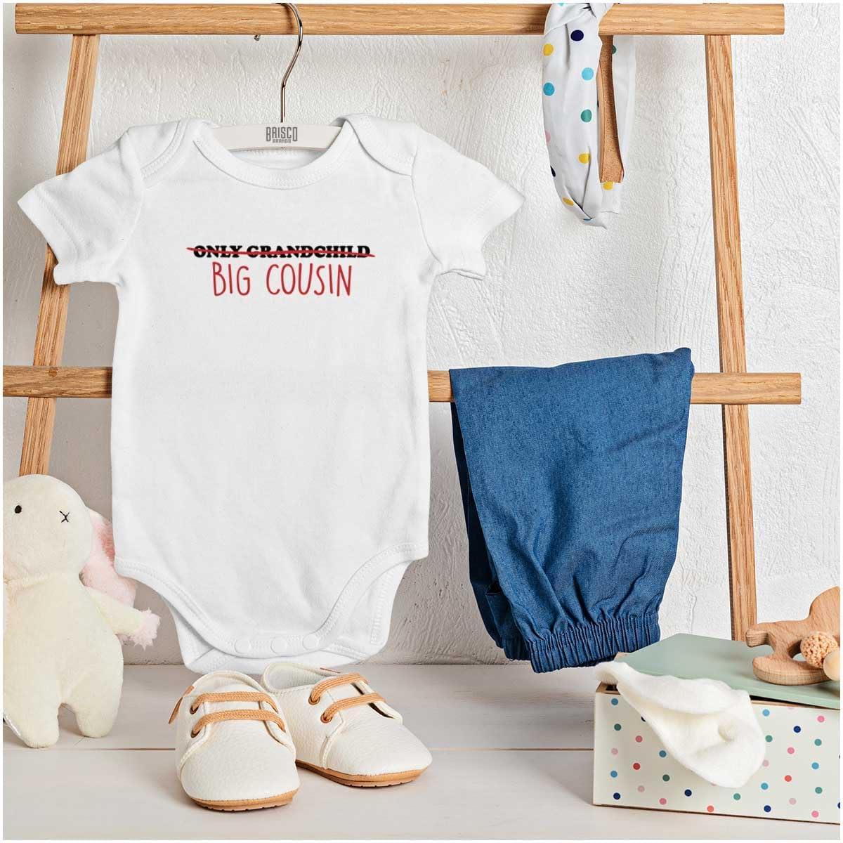 imageBrisco Brands Big Cousin Funny Baby Announcement Baby Romper Boys or GirlsWhite