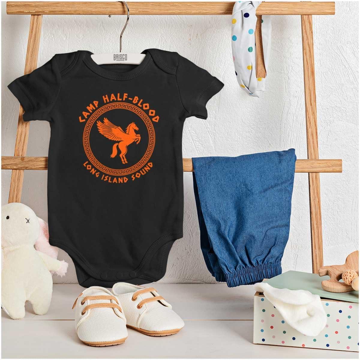 imageBrisco Brands Camp Half Blood Greek Mythology Baby Romper Boys or GirlsBlack Greek Key Pattern