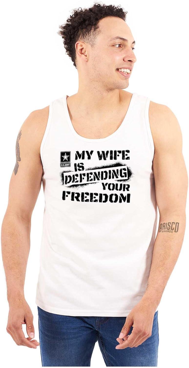 imageBrisco Brands US Army My Wife Defending Freedom Tank Top T Shirts Men WomenWhite
