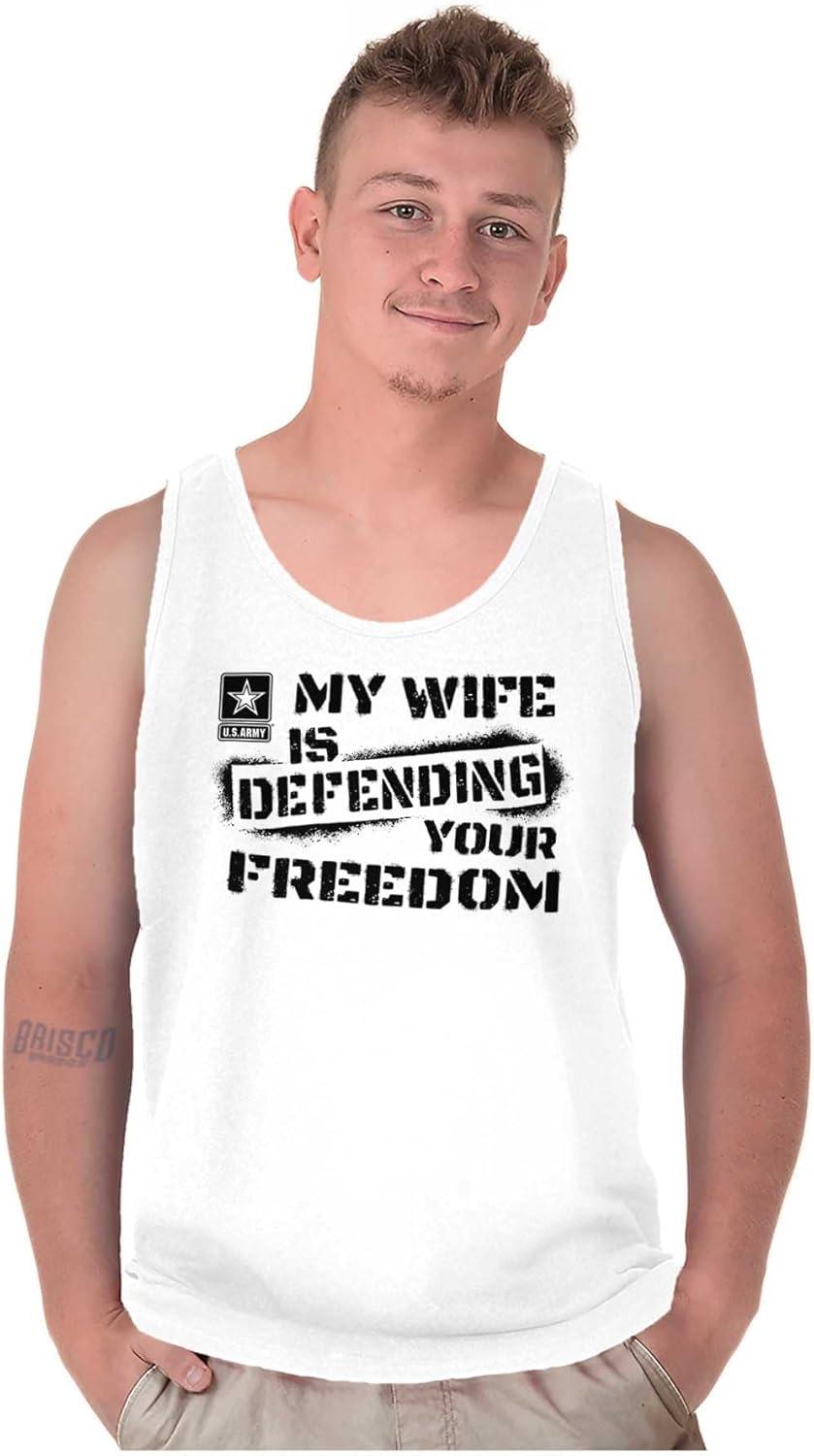 imageBrisco Brands US Army My Wife Defending Freedom Tank Top T Shirts Men WomenWhite