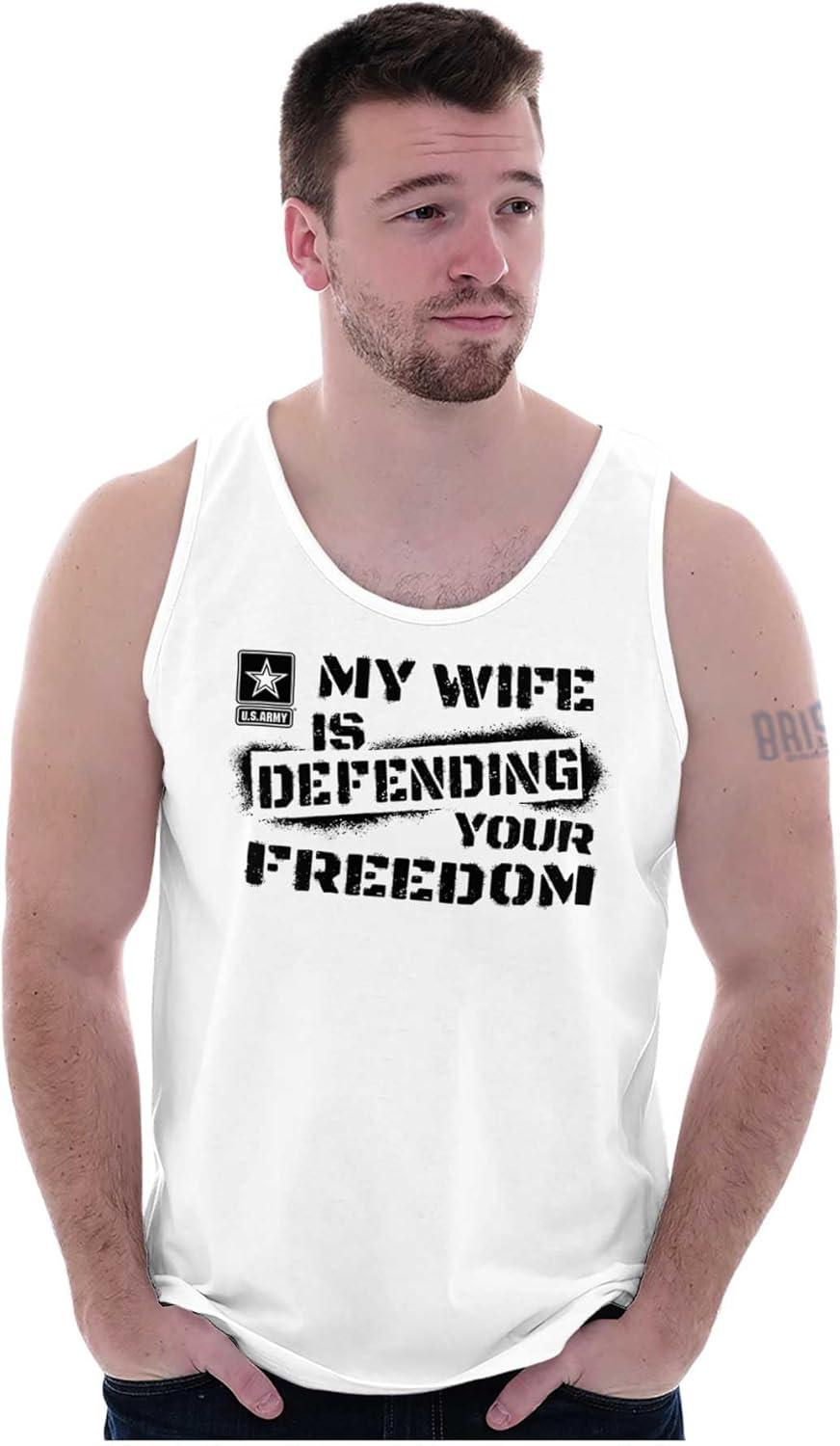 imageBrisco Brands US Army My Wife Defending Freedom Tank Top T Shirts Men WomenWhite
