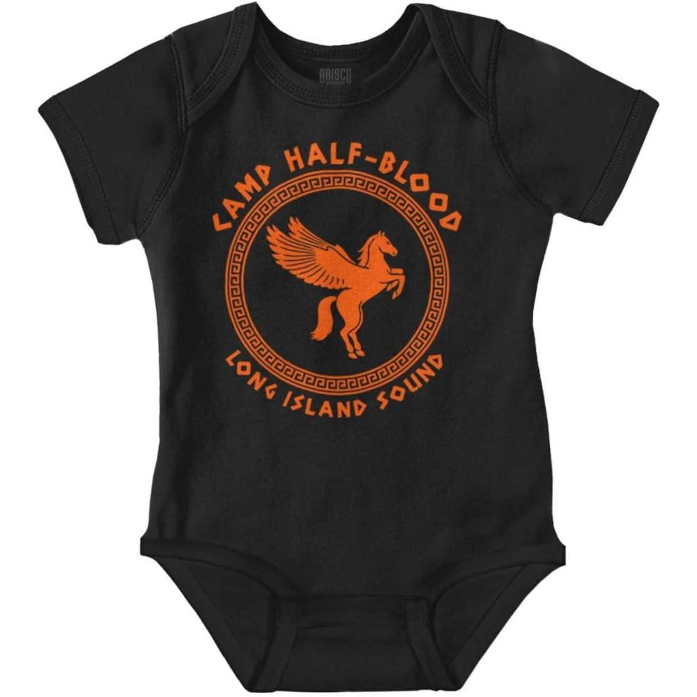 imageBrisco Brands Camp Half Blood Greek Mythology Baby Romper Boys or GirlsBlack  Greek Key Pattern