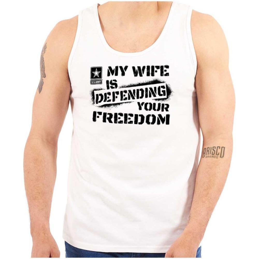 imageBrisco Brands US Army My Wife Defending Freedom Tank Top T Shirts Men WomenWhite
